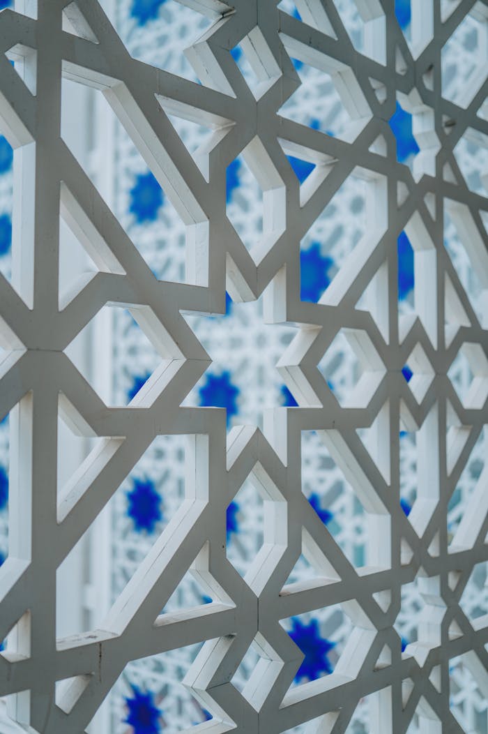 Mastering the First Impression: Your intriguing post title goes here Close-up of Islamic geometric patterns in Shah Alam Mosque, showcasing beautiful blue and white designs.