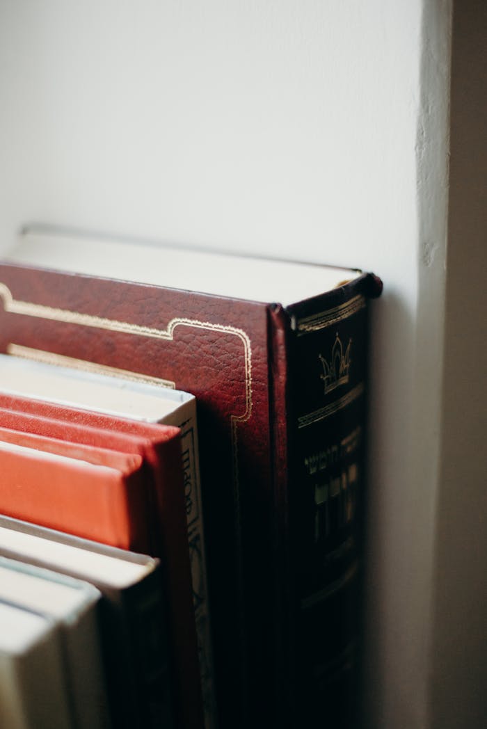 Crafting Captivating Headlines: Your awesome post title goes here A close-up of a Jewish themed bookshelf corner featuring hardcover books in a home library.